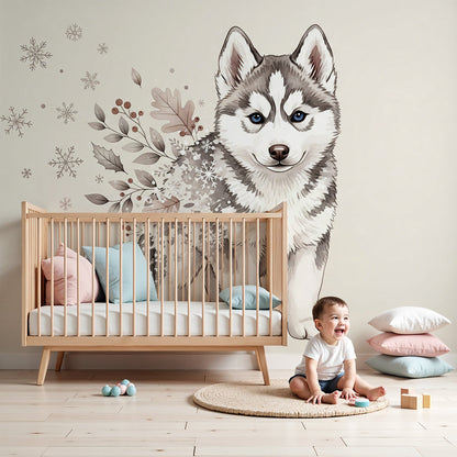 Kids-Mundo husky puppy snowflake wall mural made to measure in a cosy nursery
