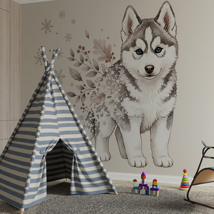 Kids-Mundo husky puppy mural styled beside a reading corner in a playroom