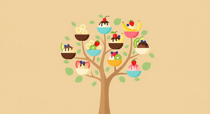 Kids-Mundo flat artwork of a whimsical tree growing colourful bowls of fruity ice cream