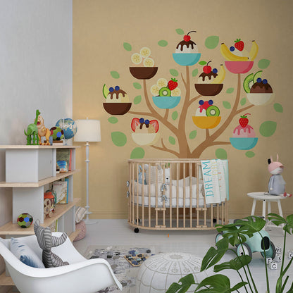 Kids-Mundo whimsical ice cream tree wall mural set above toy shelving in a playroom
