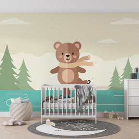 Adorable skating bear mural wallpaper for toddler room with pastel winter theme