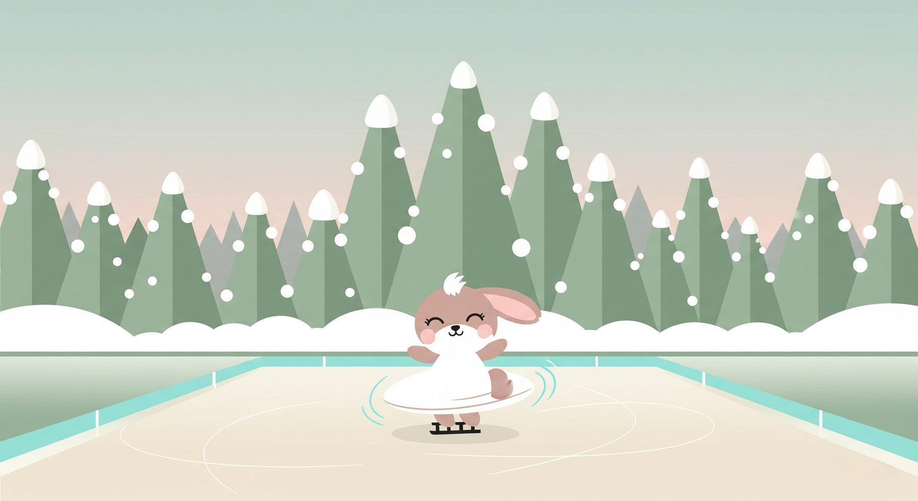 Detailed ice skating bunny mural wallpaper design pattern with snowy trees by Kids-Mundo