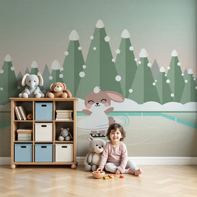 Ice skating bunny mural wallpaper in modern nursery room setting by Kids-Mundo