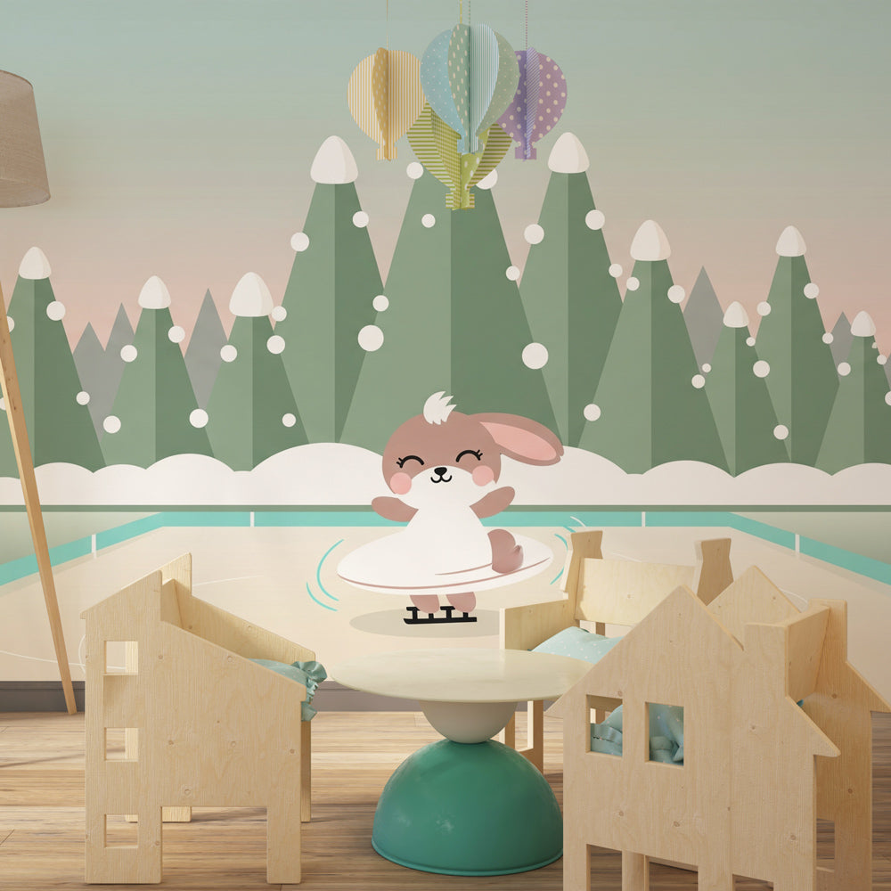 Adorable skating rabbit mural wallpaper transforming kids playroom into winter wonderland