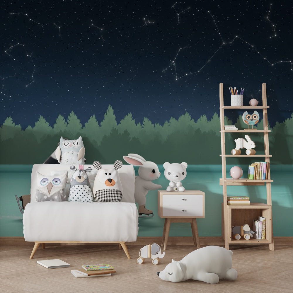 Starry night ice skating wallpaper creating magical atmosphere in kids bedroom decor
