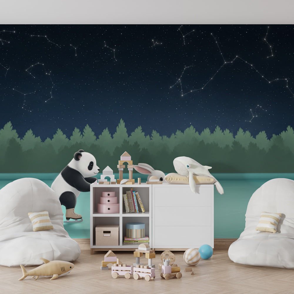 Panda rabbit skating mural wallpaper transforming children's playroom into winter wonderland