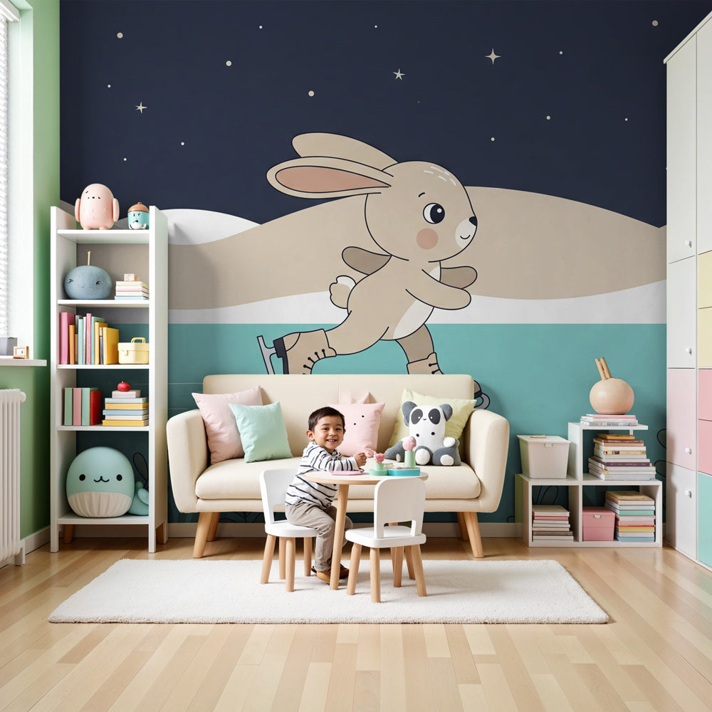 Ice skating rabbit mural wallpaper in cozy nursery with starry night theme by Kids-Mundo