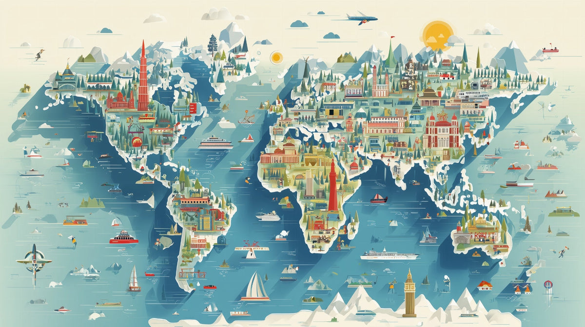 Illustrated World Map with Landmarks and Boats Wall Mural