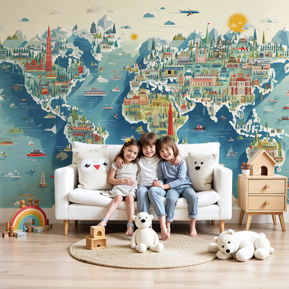 Kids-Mundo illustrated world map wall mural with landmarks and boats above a nursery cot