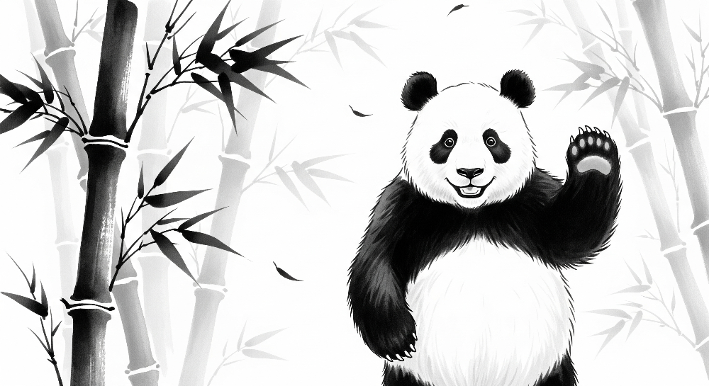 Kids-Mundo flat artwork of the ink brush panda in bamboo forest wall mural design