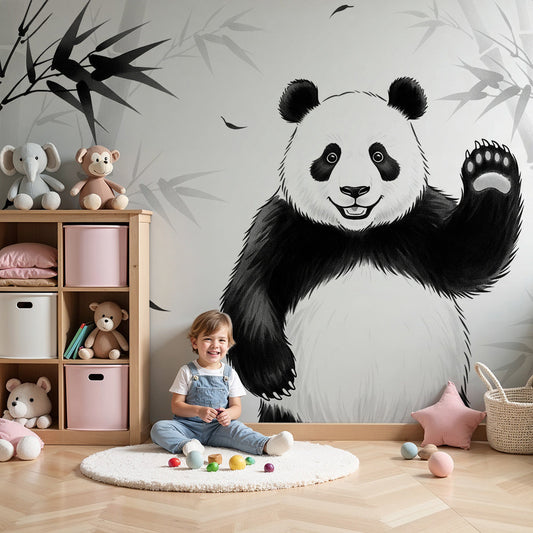 Kids-Mundo ink brush panda bamboo wall mural printed to fit a nursery feature wall