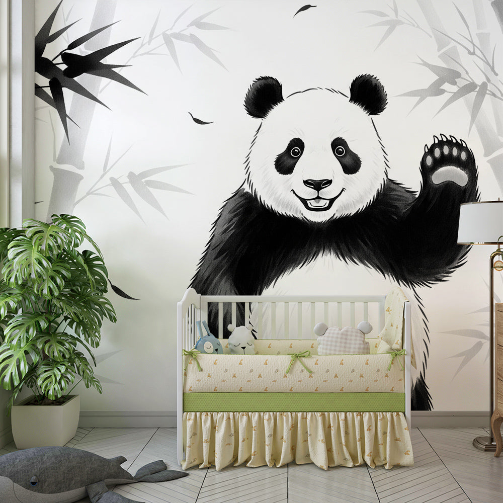 Kids-Mundo monochrome panda bamboo mural bringing bold style to a playroom wall