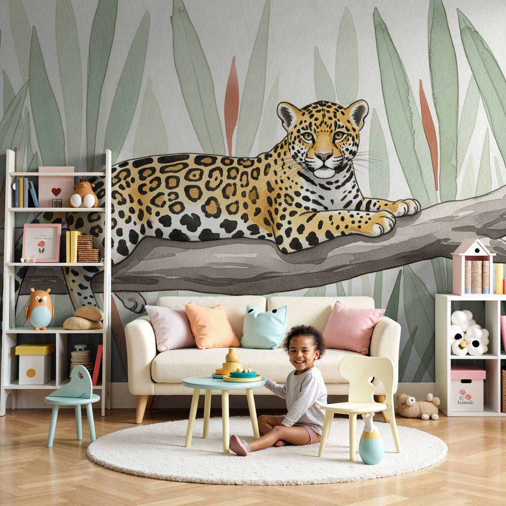Jaguar jungle mural wallpaper creating adventurous kids bedroom decor by Kids-Mundo