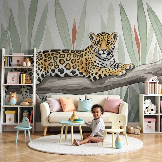 Jaguar jungle mural wallpaper creating adventurous kids bedroom decor by Kids-Mundo