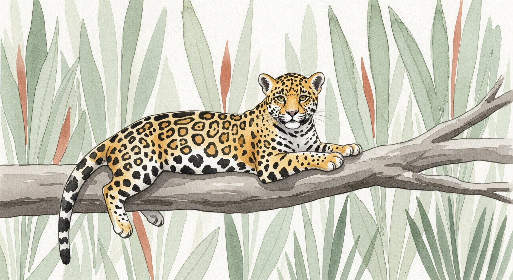 Detailed jaguar jungle mural wallpaper design pattern showing tropical wildlife by Kids-Mundo