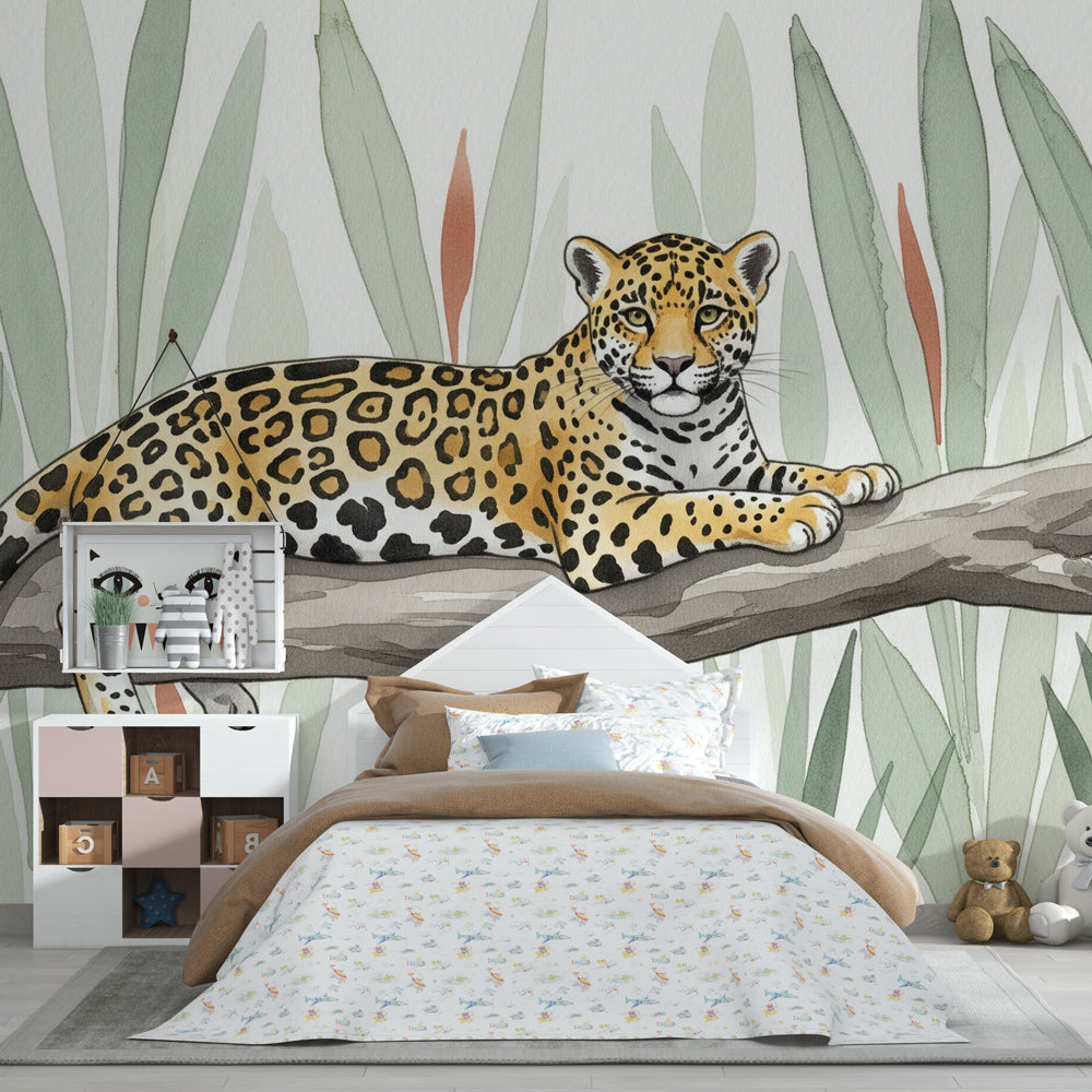 Wildlife jungle wallpaper featuring majestic jaguar in tropical nursery setting