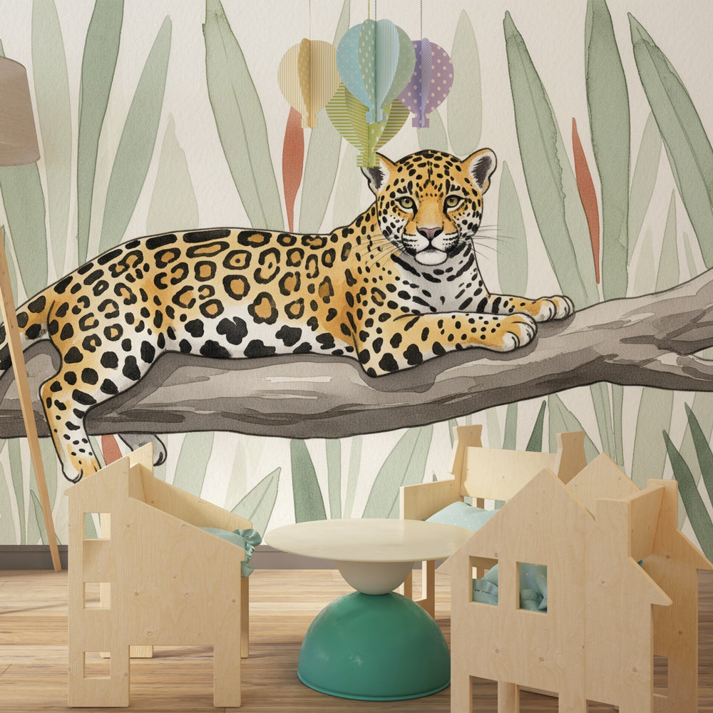 Exotic jaguar mural wallpaper transforming children's playroom with jungle theme