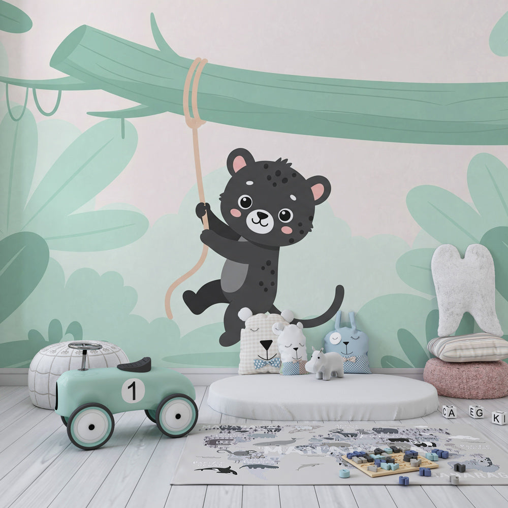 Jungle animal wallpaper featuring baby jaguar in children's bedroom setting