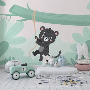 Jungle animal wallpaper featuring baby jaguar in children's bedroom setting