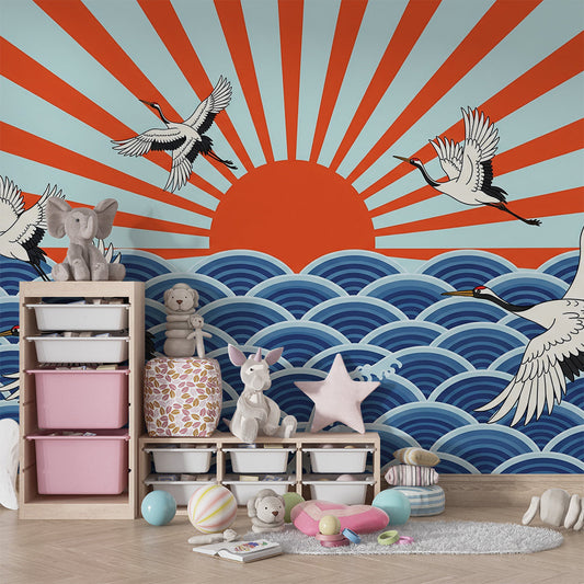 Kids-Mundo Japanese crane and sunrise wave wall mural styled on a kids bedroom wall