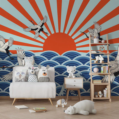Kids-Mundo Japanese crane wall mural bringing sunrise colour to a playroom feature wall