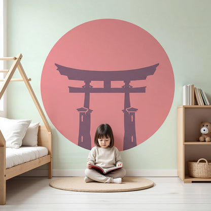 Kids-Mundo torii gate silhouette wall mural styled in a calm pastel nursery with soft furnishings