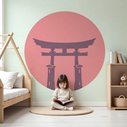 Kids-Mundo torii gate silhouette wall mural styled in a calm pastel nursery with soft furnishings