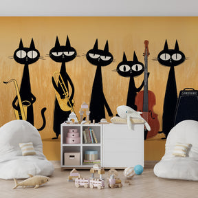 Musical cat wallpaper creating playful nursery decor with orange background and jazz theme