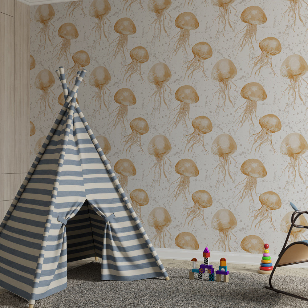 Ocean themed jellyfish wallpaper creating serene kids bedroom atmosphere