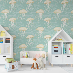 Turquoise jellyfish wallpaper transforming kids room into underwater sanctuary with sea creatures by Kids-Mundo