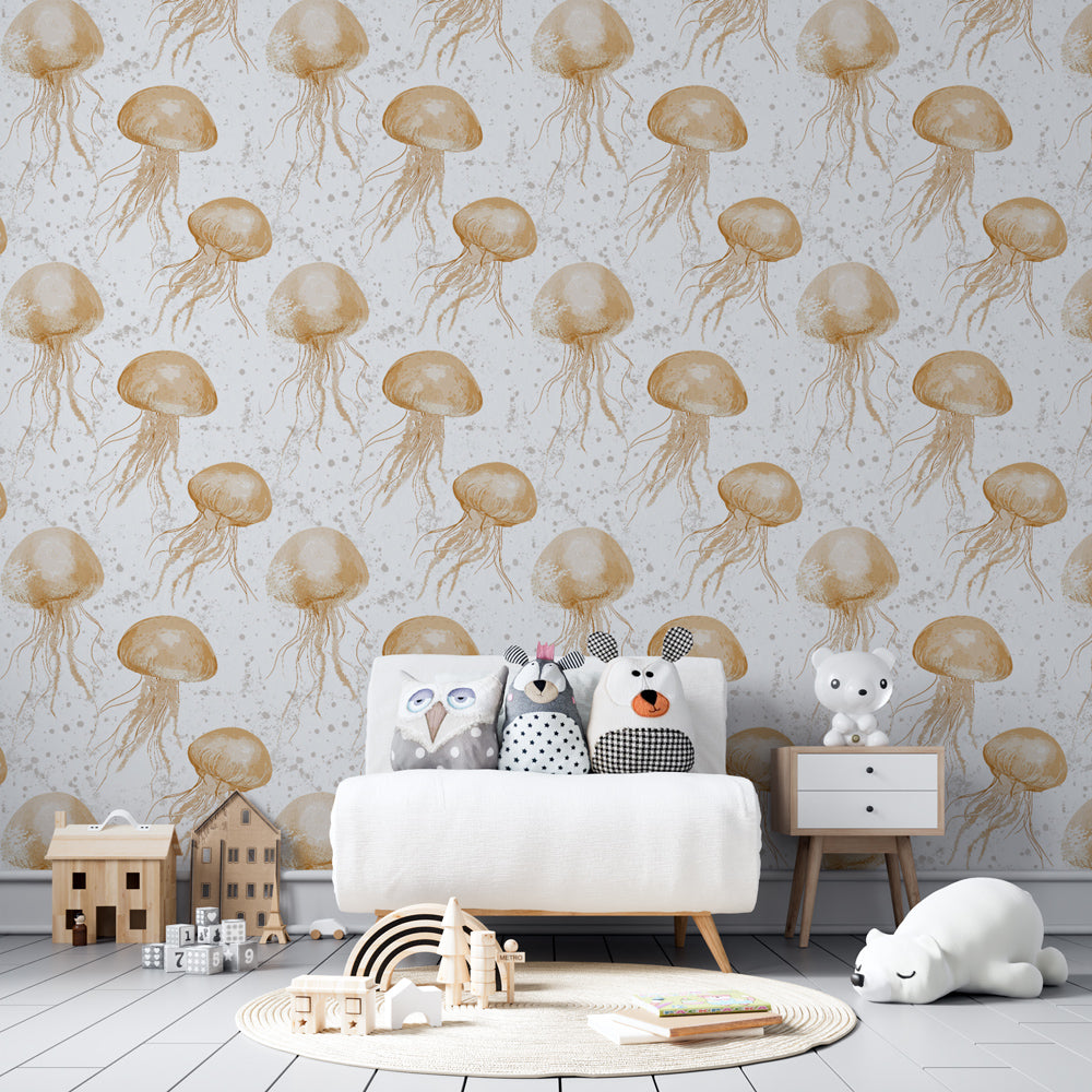 Marine jellyfish wallpaper with golden details on clean white wall in children's room