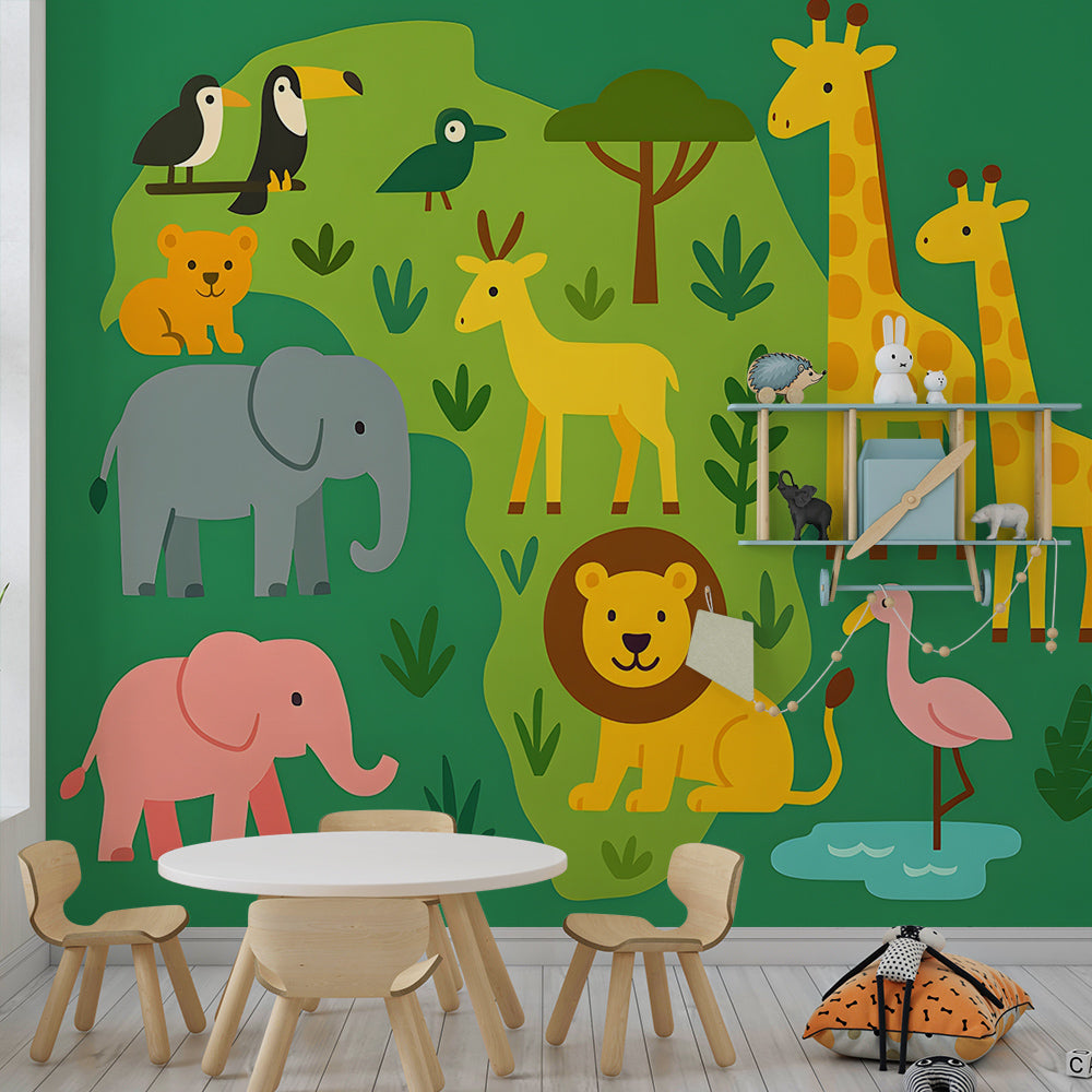 Kids-Mundo African animal map wall mural brightening a fun children's playroom