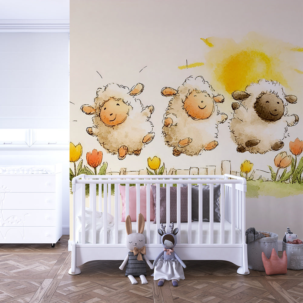 Kids-Mundo watercolour sheep mural covering the wall of a bright child's bedroom