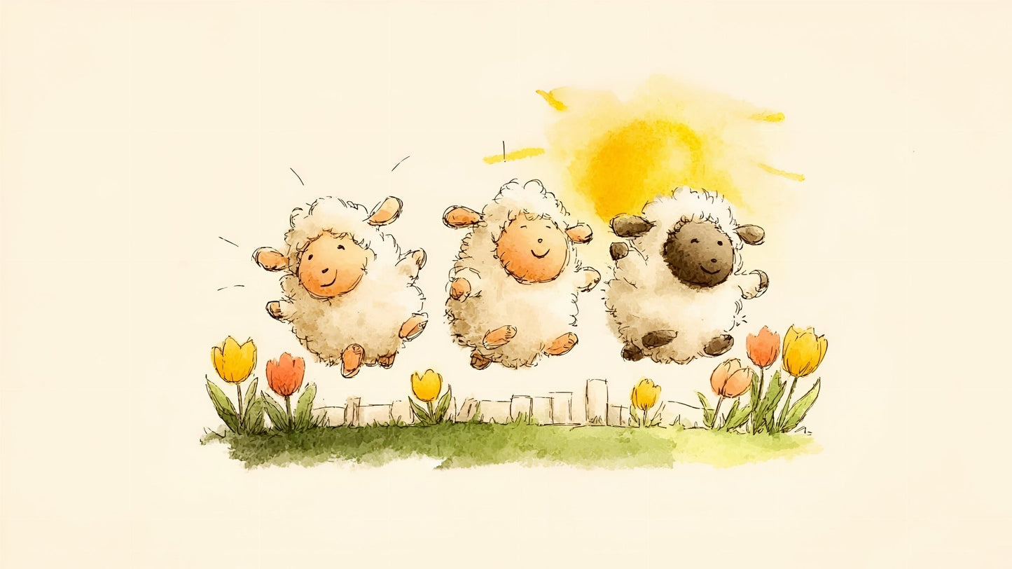 Kids-Mundo flat artwork of three watercolour sheep jumping over tulips in spring sunshine