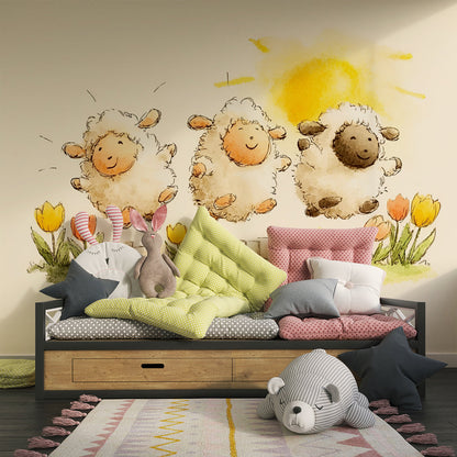 Kids-Mundo sheep and tulips wallpaper mural styled in a cheerful playroom