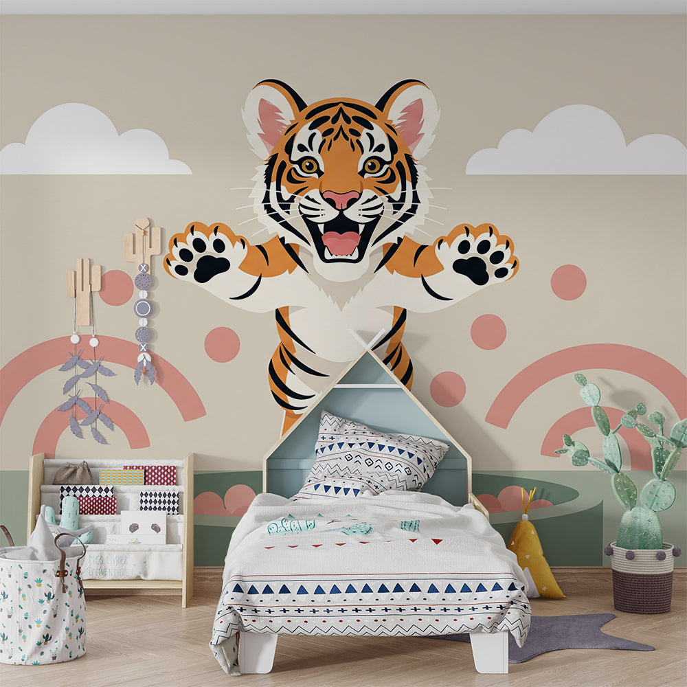 Kids-Mundo playful tiger ball pit mural on a colourful kids bedroom wall