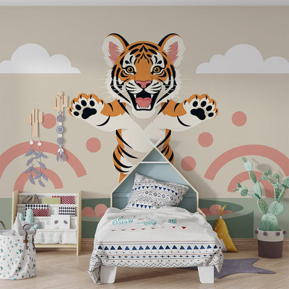 Kids-Mundo playful tiger ball pit mural on a colourful kids bedroom wall