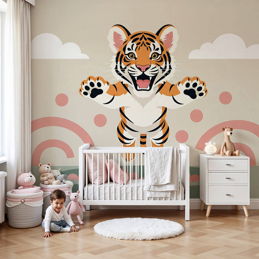 Kids-Mundo jumping tiger ball pit wall mural in a bright baby nursery room