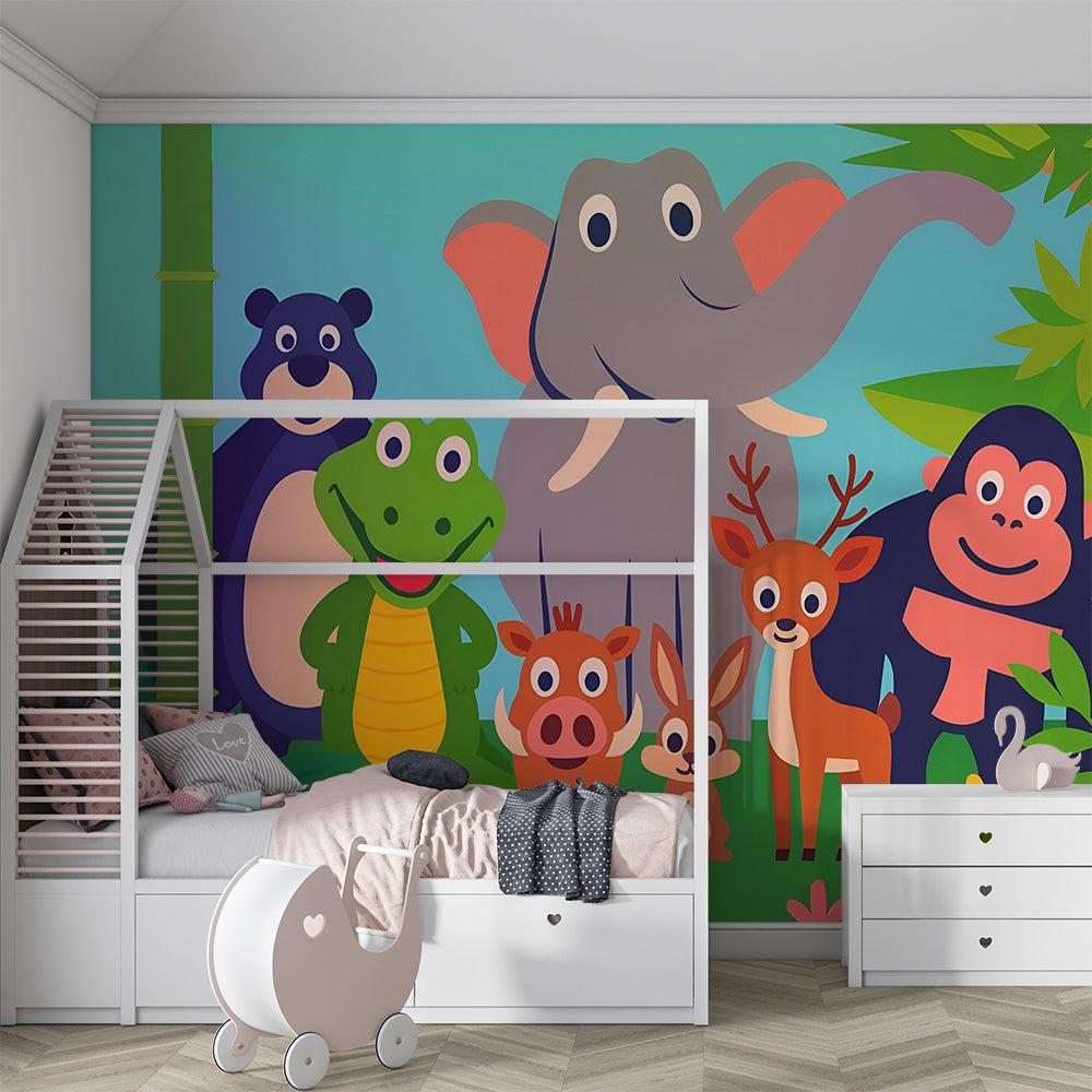 Kids-Mundo jungle animal friends wall mural pictured in a fun children's playroom.