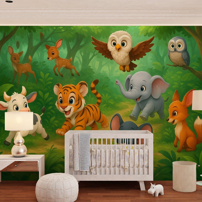 Kids-Mundo jungle animal wall mural decorating a colourful kids bedroom feature wall