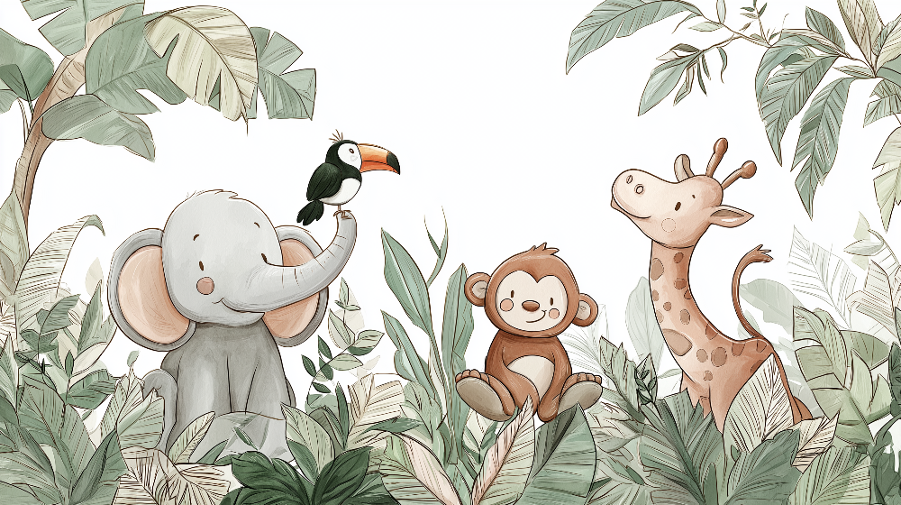Elephant, Monkey and Giraffe Jungle Friends Wall Mural