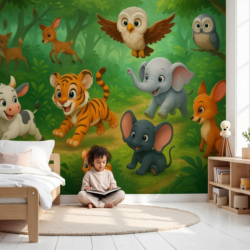 Kids-Mundo jungle animal wall mural styled behind a cot in a bright green nursery