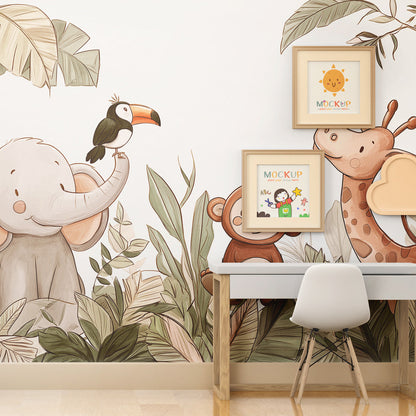 Kids-Mundo jungle friends wall mural adding colour to a playroom wall with toy baskets