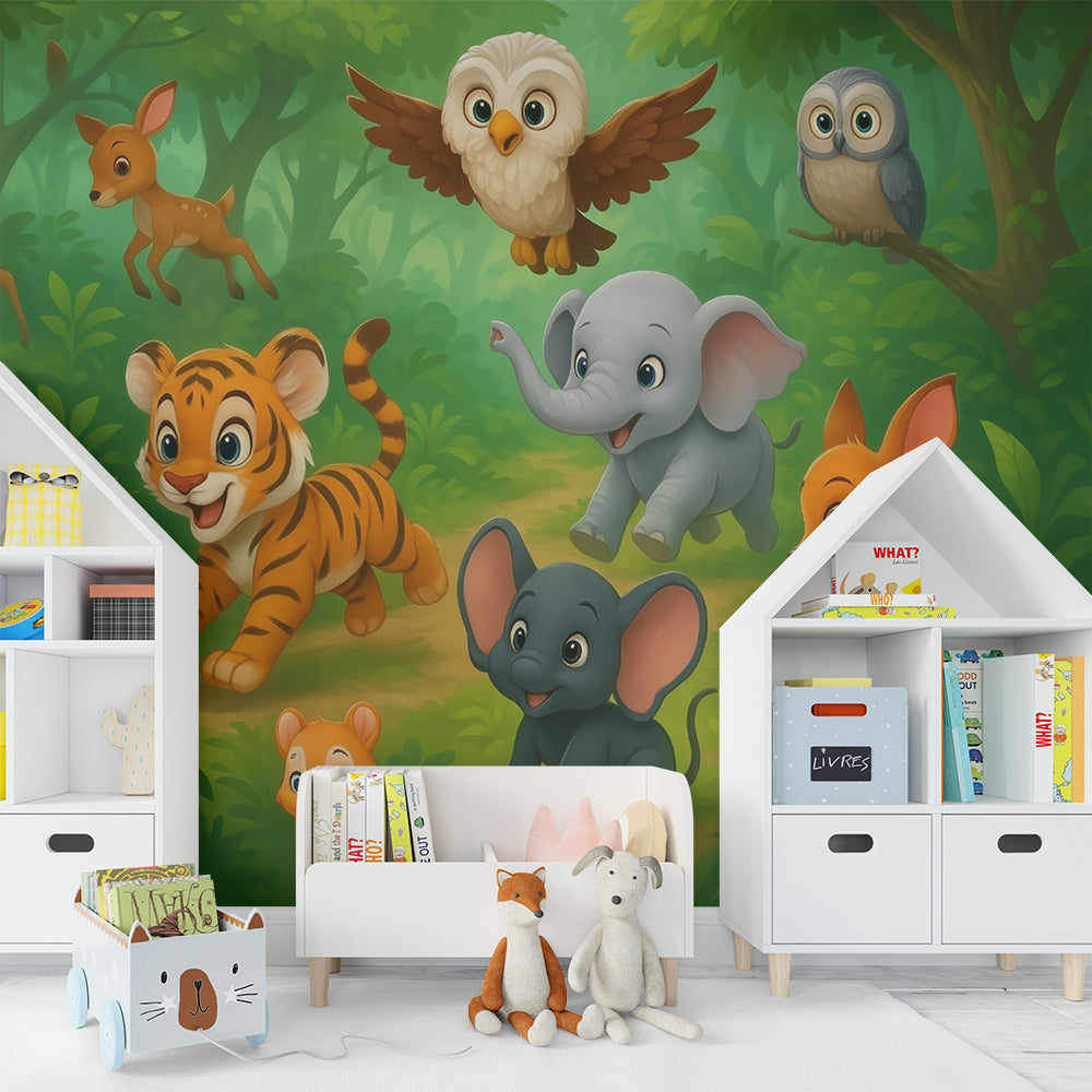 Kids-Mundo jungle animal wall mural brightening a fun animal-themed children's playroom