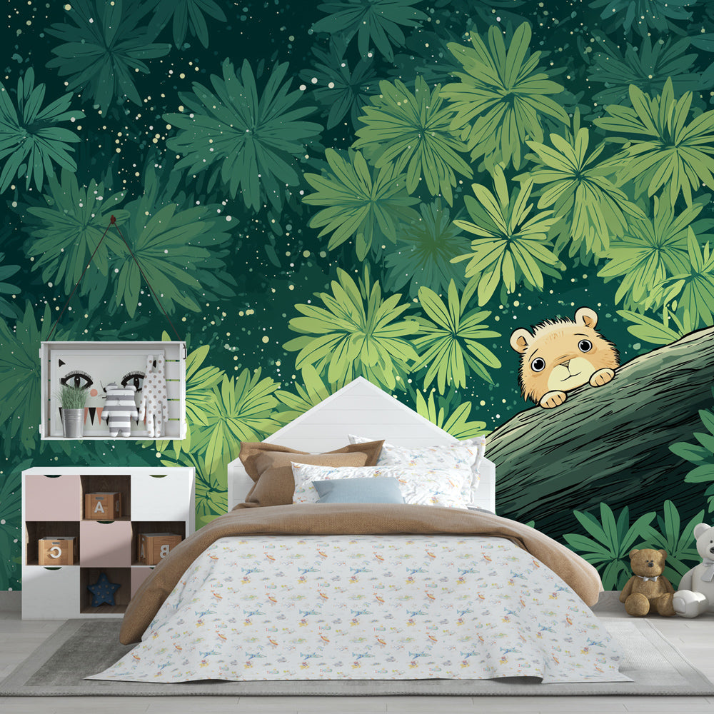 Kids jungle wallpaper featuring cute animal in tropical leaves for playroom decoration