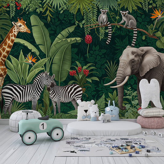 Kids-Mundo jungle animals and lemurs mural brightening a kids' bedroom wall