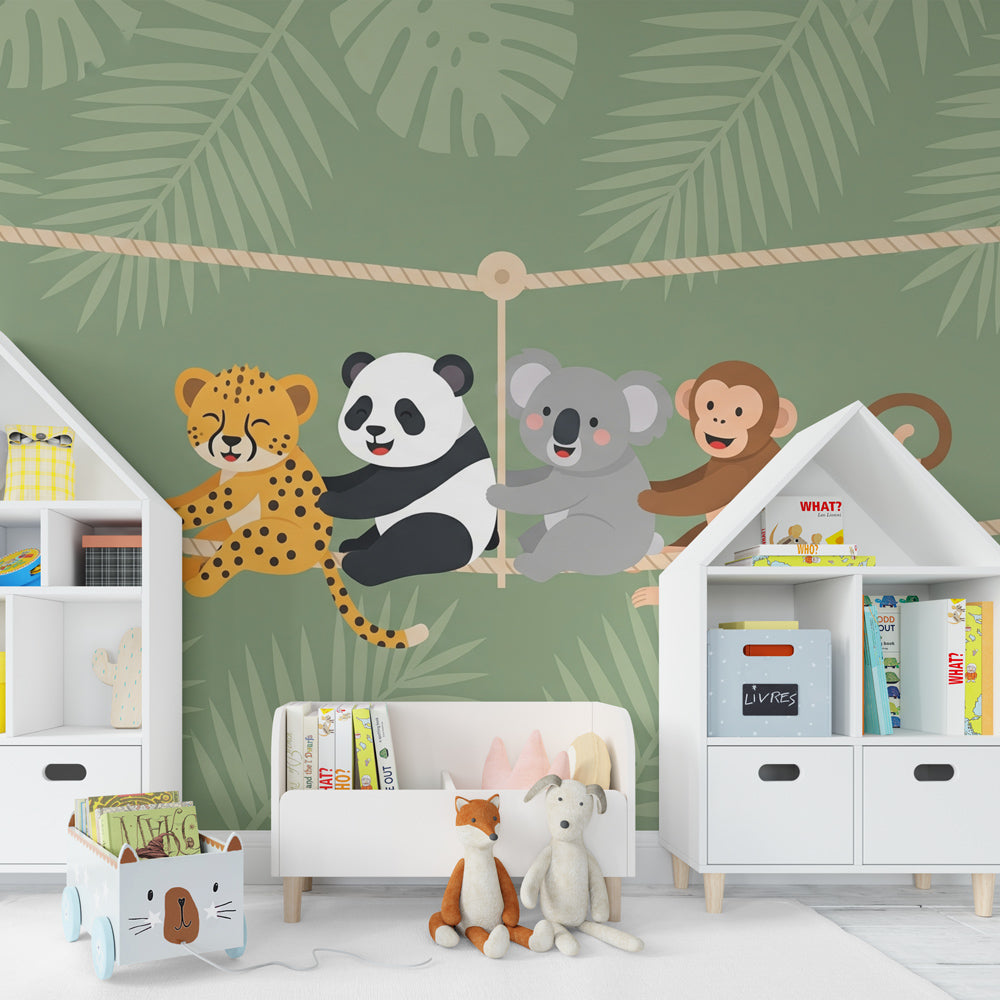 Safari nursery featuring jungle animals wallpaper with playful leopard panda koala monkey design