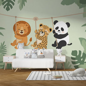 Safari animals wallpaper creating playful nursery decor with lion leopard panda design