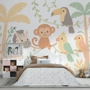 Tropical safari wallpaper creating adventurous kids bedroom decor with colorful animal characters