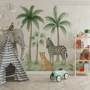 Safari adventure wallpaper creating wild animal theme in children's bedroom decor